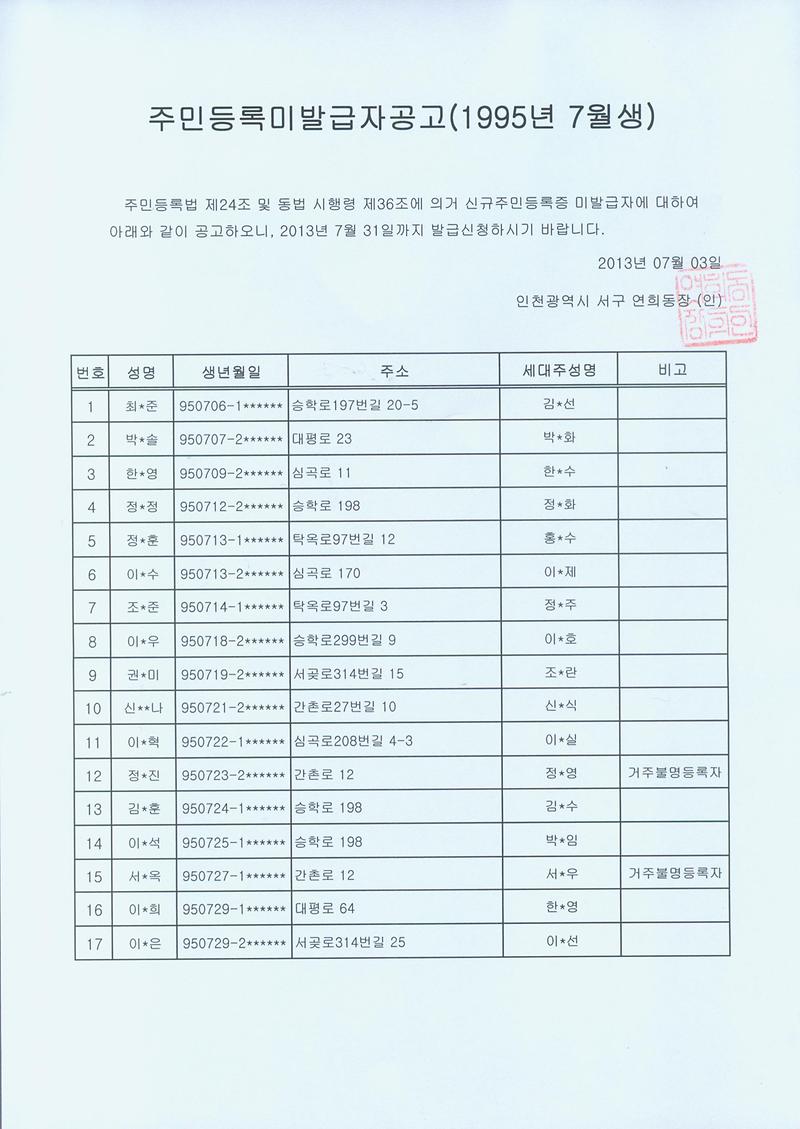 주민증 미발급자 명부(95년7월생).jpg 이미지