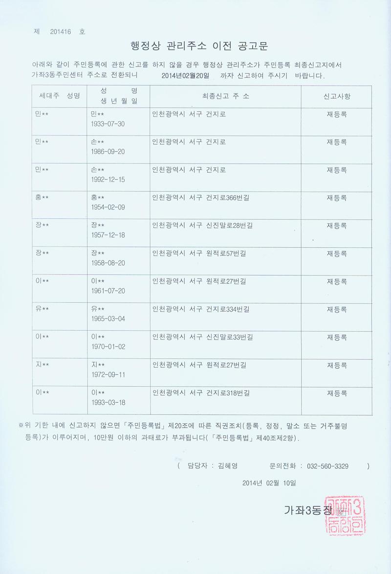 행정상 관리주소 이전 공고문(2014년 1분기-2차).jpg 이미지