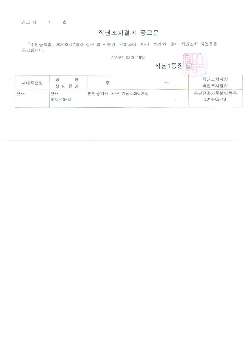 세대주 신고에 의한 직권조치결과 공고문(2014.02.18).jpg 이미지