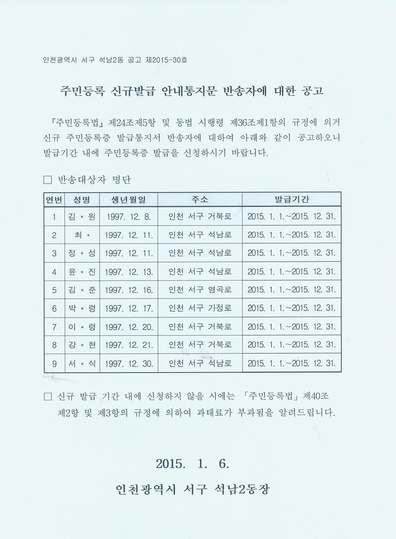 주민등록 신규발급 반송자 공고(97년 12월).jpg 이미지