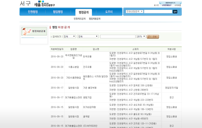 새올전자민원창구 사이트 내 환경위반업소 페이지 이미지