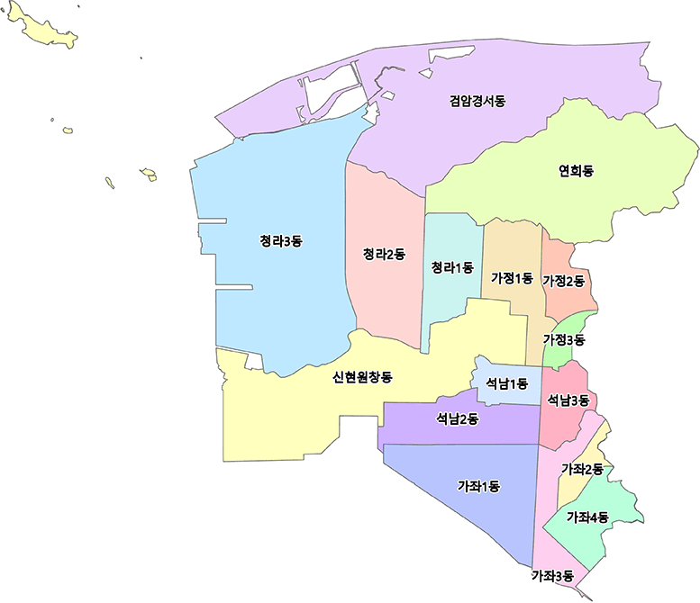 인천 서해구 행정동 지도. 상단부터 행정동구분 : 상단부터 불로대곡동, 검단동, 오류왕길동, 당하동, 원당동, 검암경서동, 연희동, 청라3동, 청라2동, 청라1동, 가정1동, 가정2동, 가정3동, 신현원창동, 석남1동, 석남2동, 석남3동, 가좌1동, 가좌2동, 가좌3동, 가좌4동