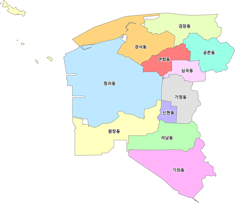 인천 서해구 법정동 지도. 상단부터 대곡동, 금곡동, 마전동, 불로동, 오류동, 왕길동, 당하동, 원당동, 백석동, 경서동, 청라동, 검암동, 시천동, 연희동, 공촌동, 심곡동, 가정동, 원창동, 신현동, 석남동, 가좌동